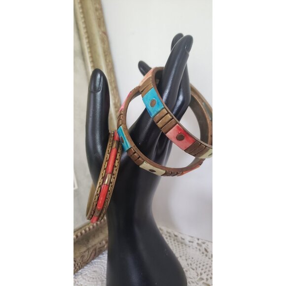 Three Colourful Resin Brass Bangles Vintage Jewelry Accents Colourful - Picture 6 of 10